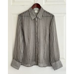 FDJ French Dressing Womens Blouse Black Gray Tan Geometric Size 16 Semi Sheer